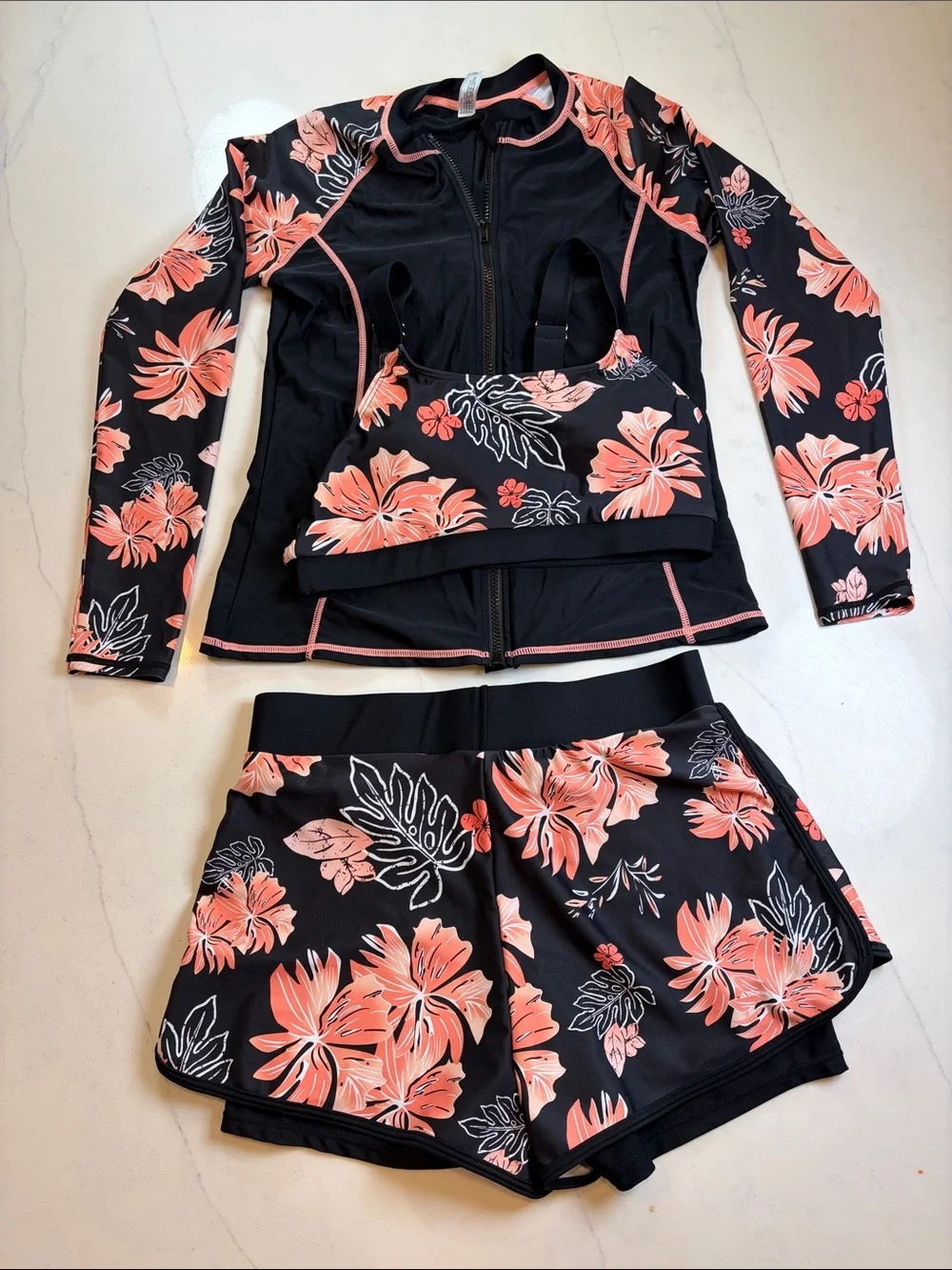 3-Piece Floral Swim Set - Black with Coral Floral